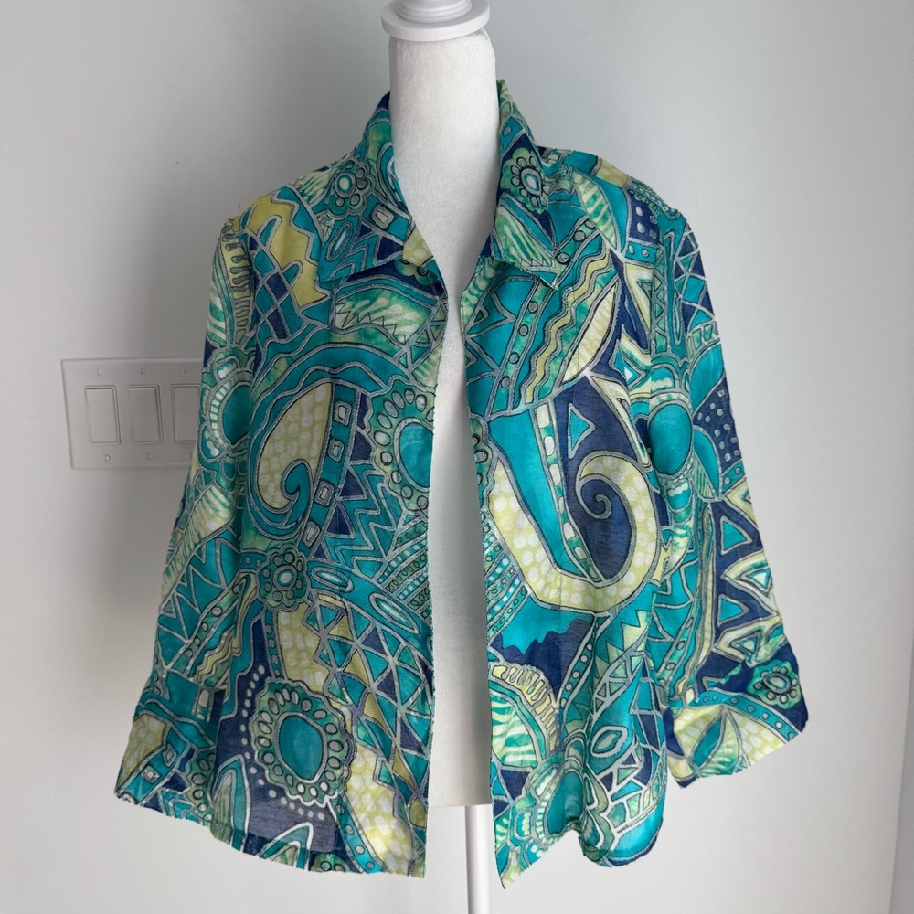 Chico's Blouse Top Womens Size Large Multi Geometric Rayon Open Front 90s